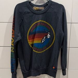 Aviator Nation womens. Dark Gray Sweater with Multicolor Logo